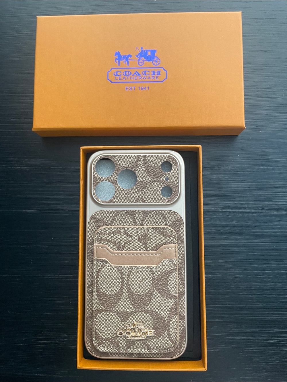iPhone 17 Pro Max Coach Brown and Tan Signature Canvas Phone Card Case